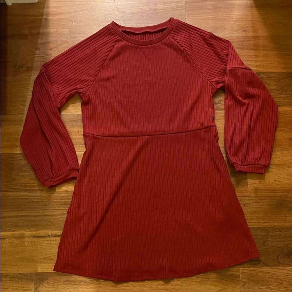 Burnt Orange Ribbed Long Sleeve A-Line Dress